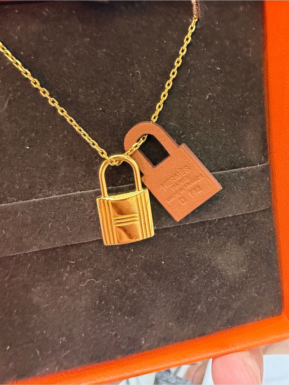 Hermes Gold Padlock Pendant with Tan Leather Tag Necklace